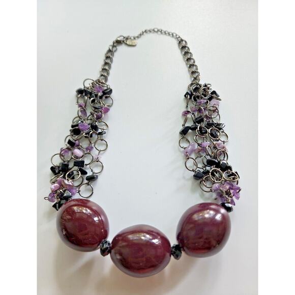 You & I Chunky Purple Ceramic Beads & Amethyst Onyx Chip 18" Necklace Sku37 - Picture 1 of 6